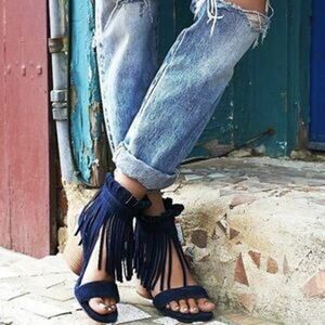 Matiko X Free People Navy Blue Boho Fringe Block Heels Women's Size 40/9